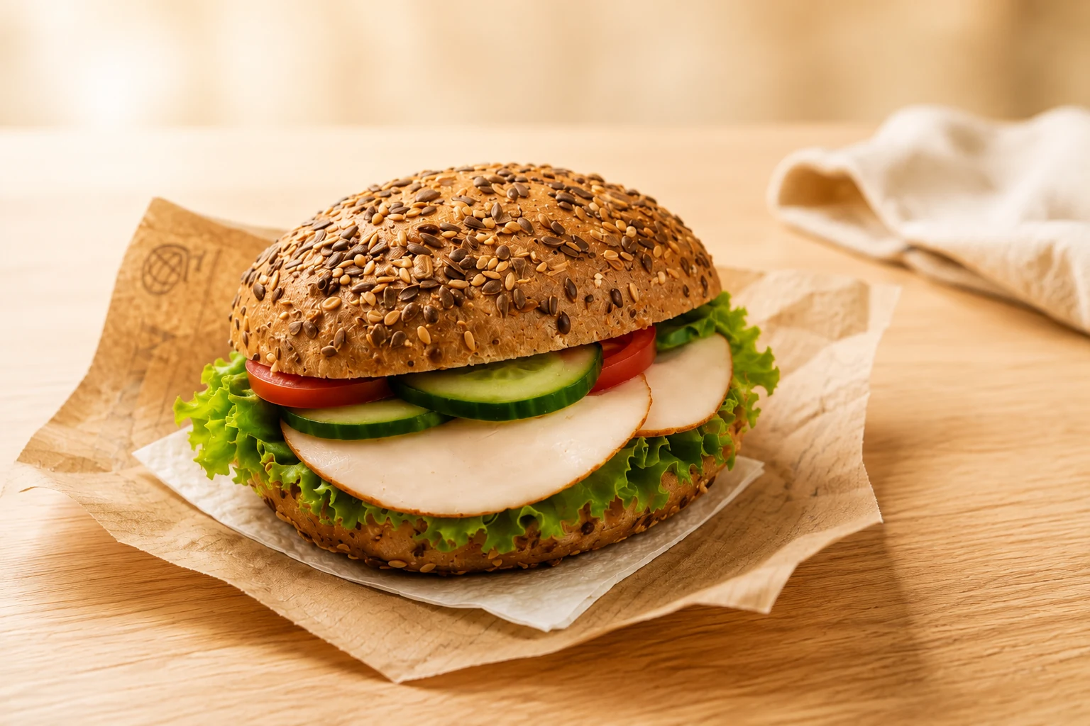 Belegtes Vollkornbrötchen mit Salat, Tomate, Gurke und hellem Aufschnitt