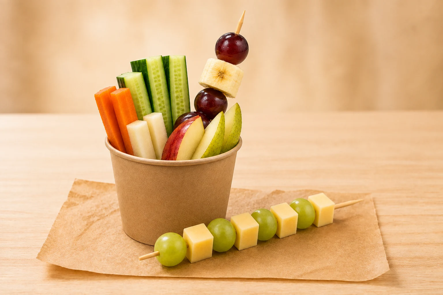Becher mit Gemüse- und Obststiften sowie Obst-Käse-Spieße