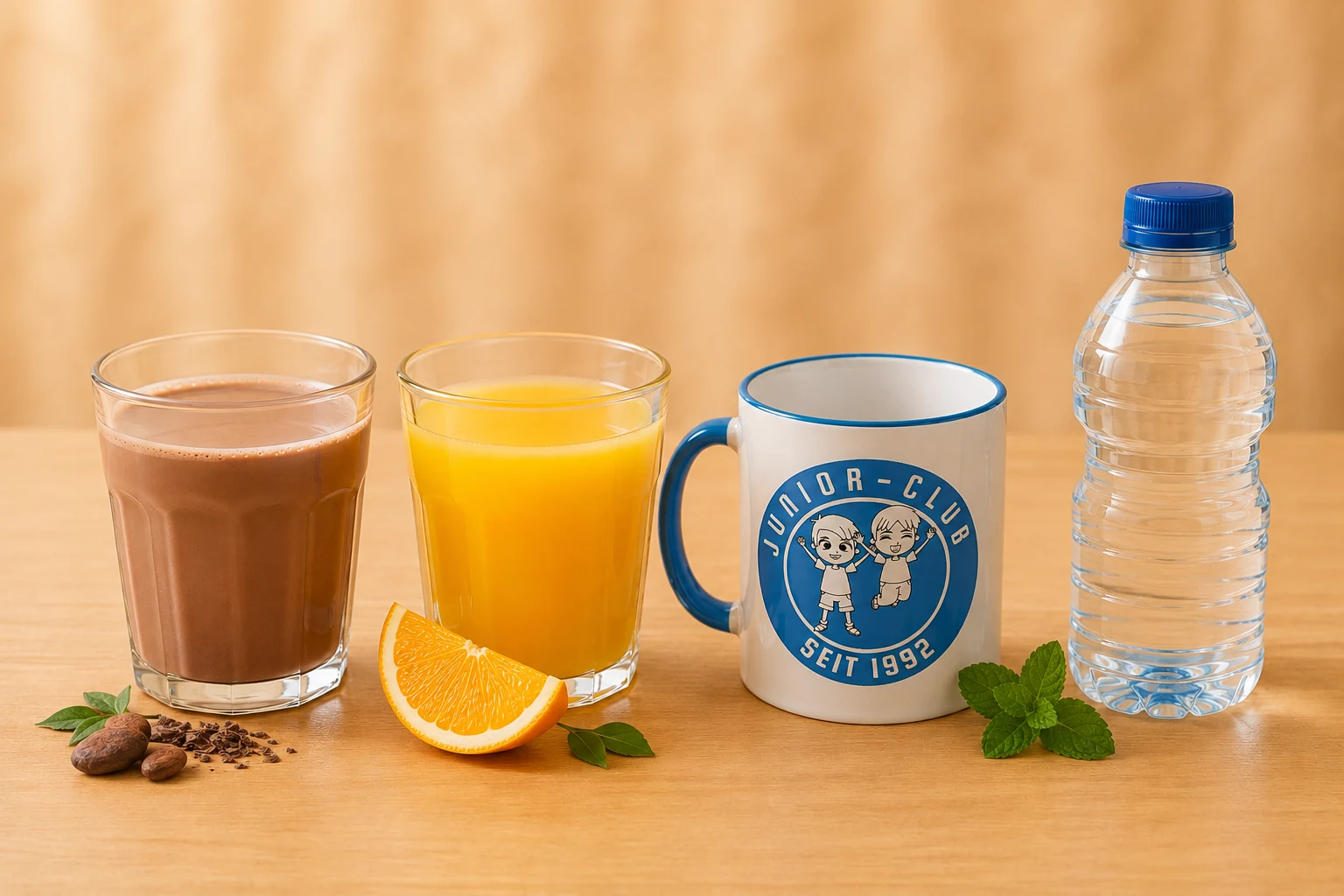 Kakao, Orangensaft, eine Junior-Club-Tasse und eine Wasserflasche