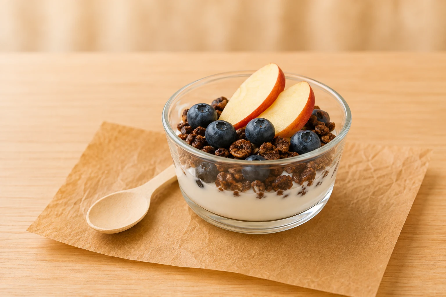 Joghurt mit Müsli, Heidelbeeren und Apfelspalten