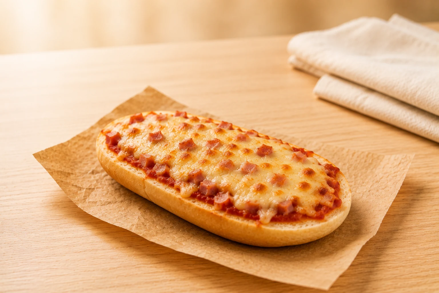 Überbackenes Baguette mit Käse und Schinken